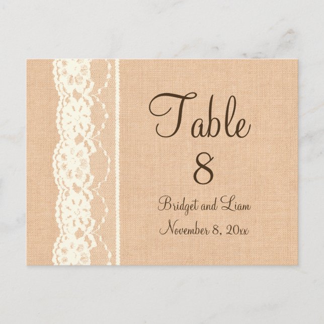 Ivory Lace & Light Burlap Tischnummer (Vorderseite)