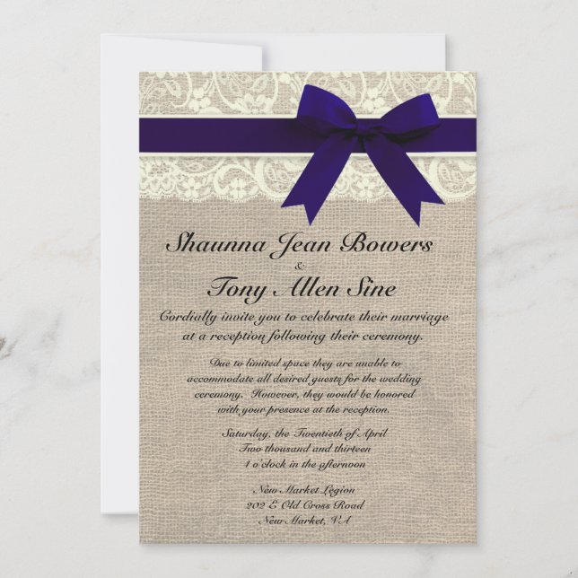 Ivory Lace Navy Blue Burlap Wedding Reception Einladung (Vorderseite)