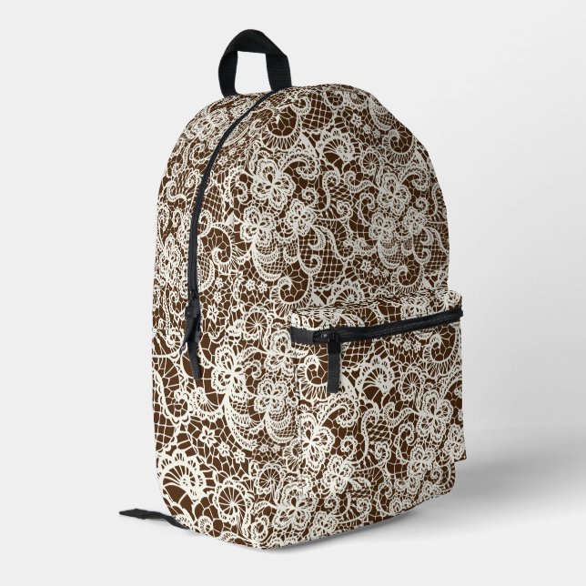 Ivory Lace On Brown Bedruckter Rucksack (Rückseitige Ecke links)