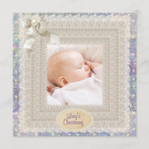 Ivory Lace Pearls Pink Lila Girls Foto Christen Einladung