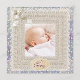 Ivory Lace Pearls Pink Lila Girls Foto Christen Einladung