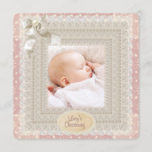 Ivory Lace Pink Pearl Girls Pink Foto Christening Einladung