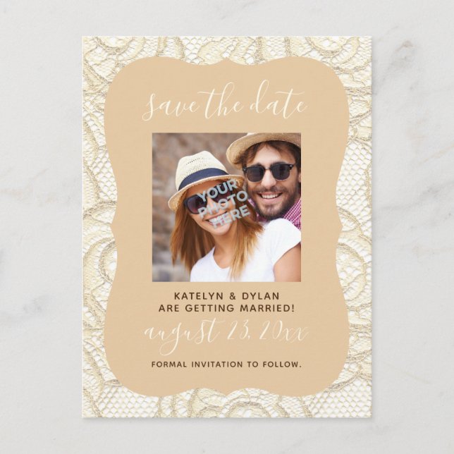 Ivory Lace Save the Date Postcard Champagne Gelb Postkarte (Vorderseite)