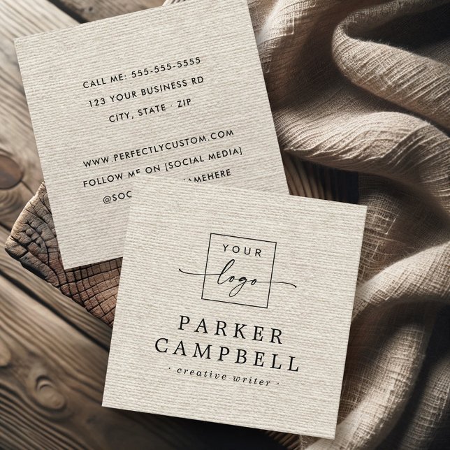 Ivory light tan linen look elegant logo minimalist quadratische visitenkarte (Ivory light tan linen look elegant logo minimalist square business card)