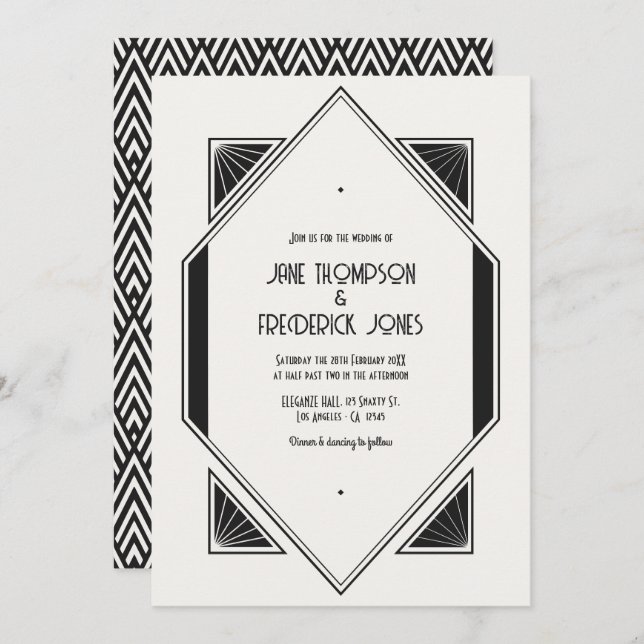 Ivory Linen & Jet Black Art Deco Wedding Photo Einladung (Vorne/Hinten)