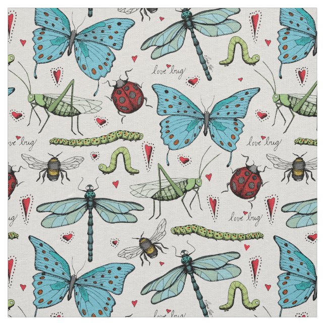 Ivory Linen Liebe Bug Insect Illustration Muster Stoff (Muster)