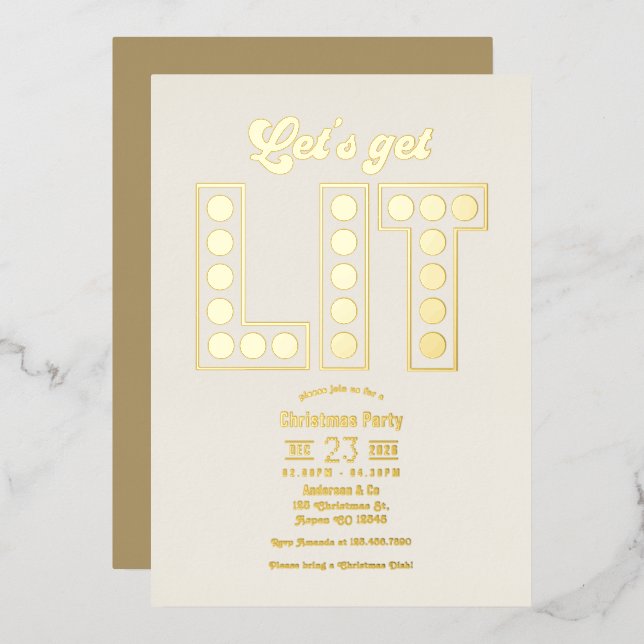 Ivory Luxe Let's Get Lit Retro Christmas Party Folieneinladung (Vorderseite/Rückseite)