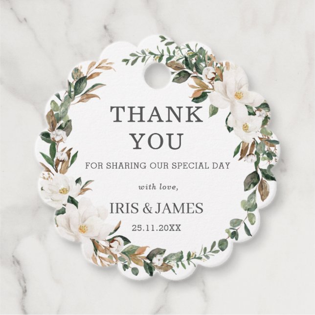 Ivory Magnolia Blumengrün Hochzeit Vielen Dank Geschenkanhänger (Vorderseite)