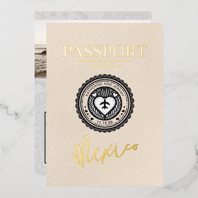 Ivory Mexico Passport Hochzeit Folieneinladung (Vorderseite/Rückseite)