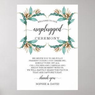 Ivory Mint Floral Unplugged Wedding Zeremony Sign Poster