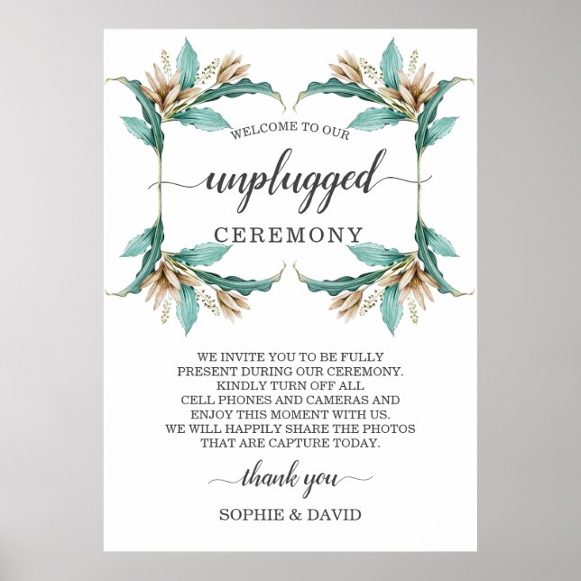 Ivory Mint Floral Unplugged Wedding Zeremony Sign Poster (Vorne)