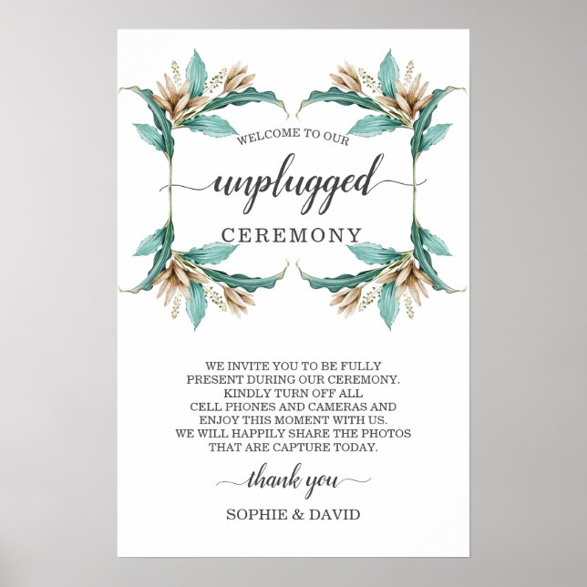 Ivory Mint Floral Unplugged Wedding Zeremony Sign Poster (Vorne)