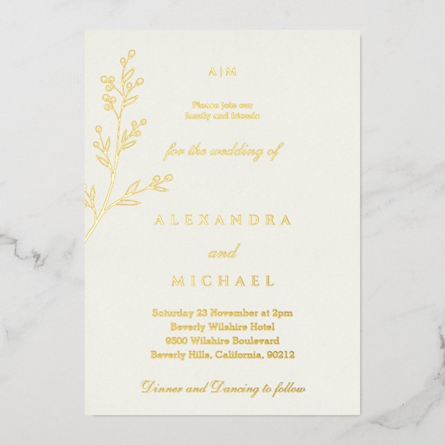 Ivory Monogram Botanical Minimalist Gold Folieneinladung (Vorderseite)