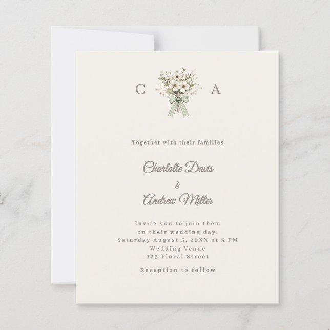 Ivory monogrammed floral green wedding invitation (Vorderseite)