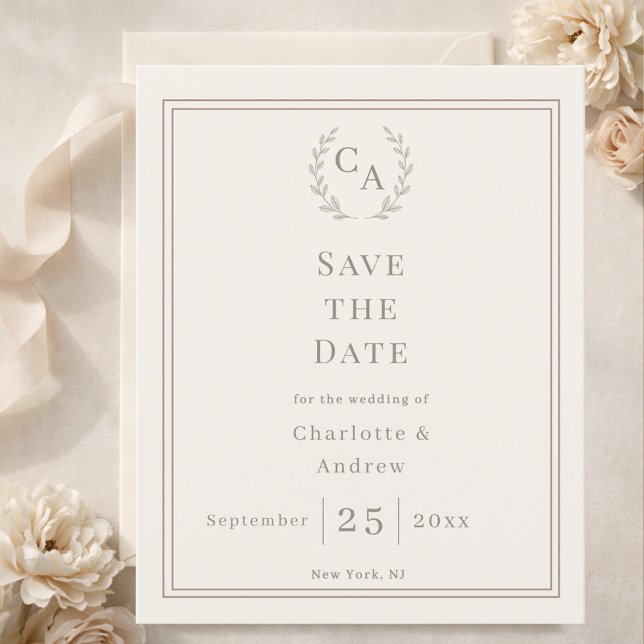 Ivory monogrammed wreath wedding Save the Date  (Von Creator hochgeladen)
