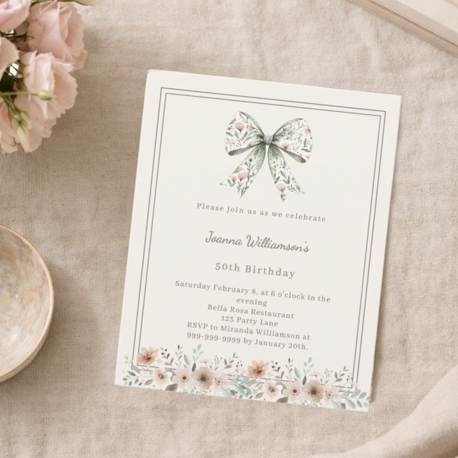 Ivory muted green bow florals birthday invitation (Von Creator hochgeladen)