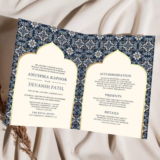 Ivory Navy Blue Pattern All in One Indian Wedding Einladung (Von Creator hochgeladen)
