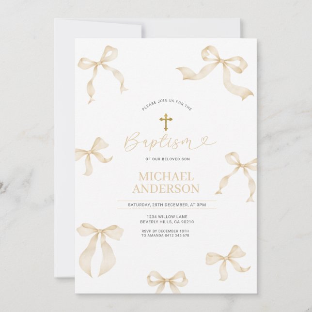 Ivory Neutral Bow Christening Invitation Einladung (Vorderseite)