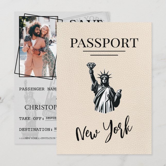 Ivory New York City Passport Save the Date (Vorne/Hinten)