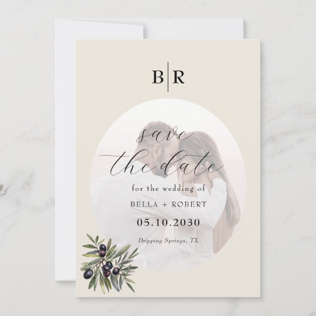 Ivory Olive Branch Monogram Photo Wedding Save The Date (Vorderseite)