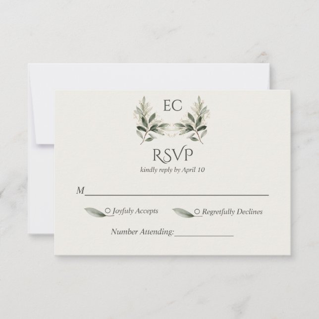 Ivory Olive Branch Monogram Wedding RSVP Karte (Vorderseite)