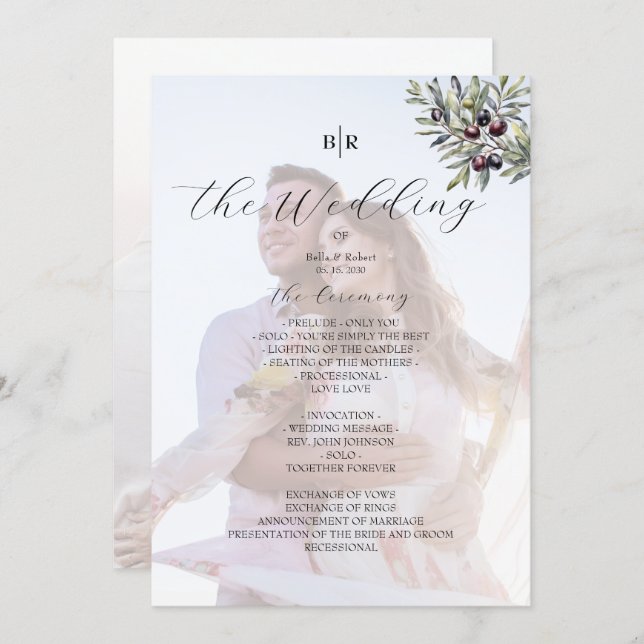 Ivory Olive Monogram Photo Wedding Program Programm (Vorne/Hinten)