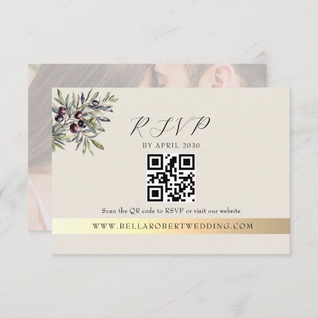 Ivory Olive Photo QR Wedding RSVP Karte (Vorne/Hinten)