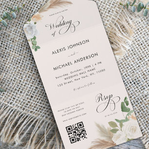 Ivory Pampas Grass Rose & Elegante Script Wedding All In One Einladung