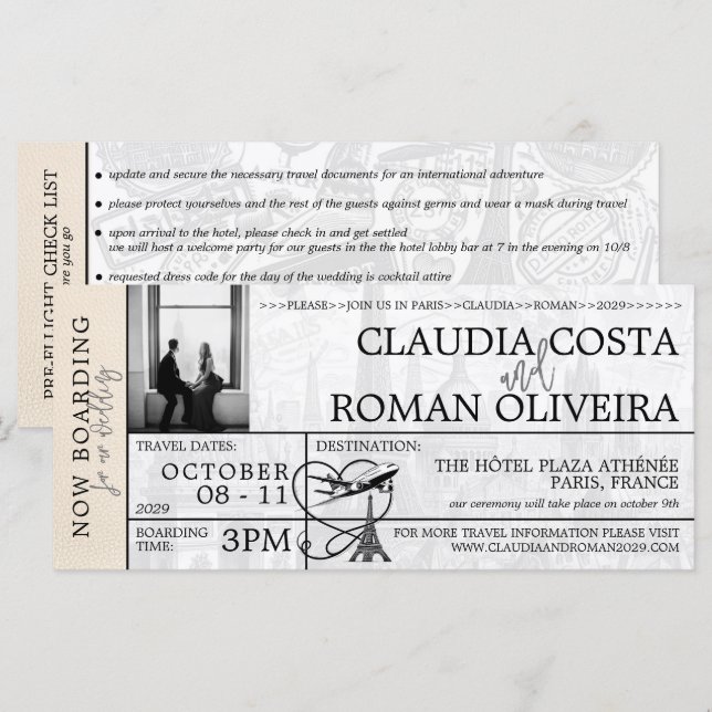 Ivory Paris Wedding Boarding Pass Einladung (Vorne/Hinten)