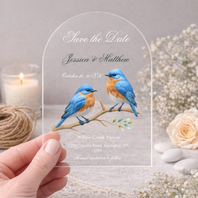 Ivory Pastel Lovebirds Romantische Bluebirds Hochz Acryleinladungen (Von Creator hochgeladen)