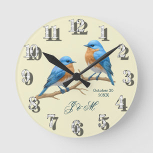 Ivory Pastel Lovebirds Romantische Bluebirds Hochz Runde Wanduhr