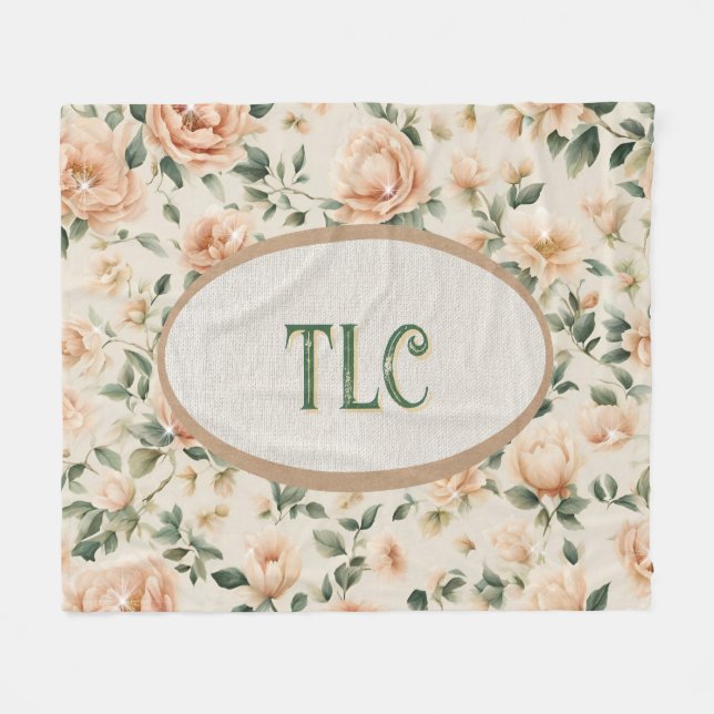 Ivory Peach Peony Sparkles Watercolor Monogram Fleecedecke (Vorderseite (Horizontal))