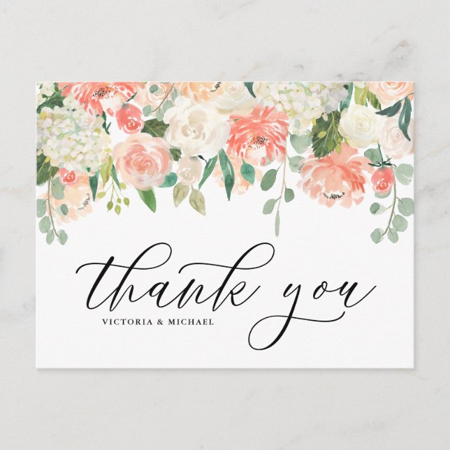 Ivory Peach Peony und Hydrangea Wedding Vielen Dan Postkarte (Vorderseite)