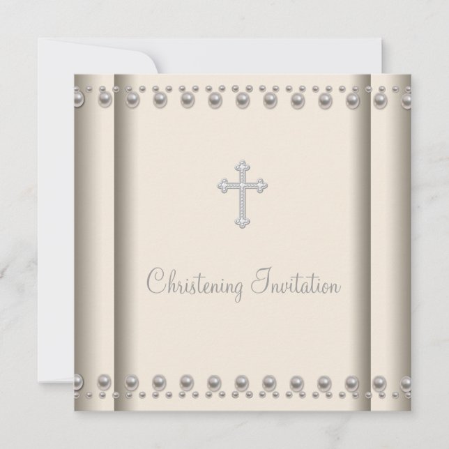 Ivory Pearl Cross Baby Boy Girl Christening Einladung (Vorderseite)