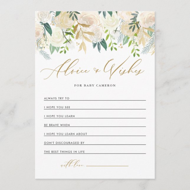 Ivory Peonies Gold Glitzer wünscht sich für Baby Hinweiskarte (Vorderseite)