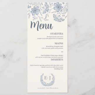 Ivory Periwinkle Wildflower Line Art Wedding Menu Menükarte