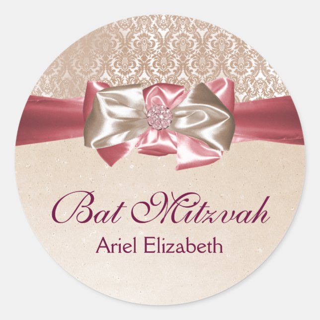 Ivory Pink Damask Bat Mitzvah Label Runder Aufkleber (Vorderseite)
