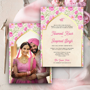 Ivory Pink Floral Foto Anand Karaj Sikh Wedding Einladung