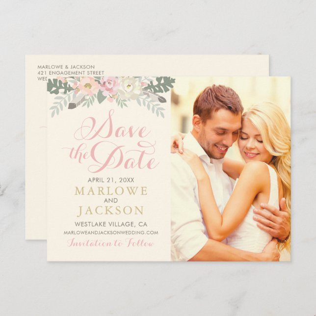 Ivory Pink Gold Floral Boho Foto Save the Date Ankündigungspostkarte (Vorne/Hinten)