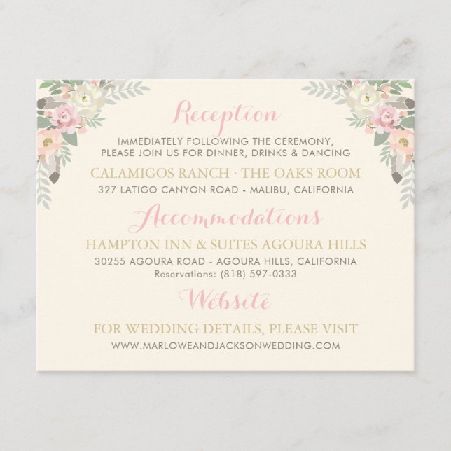Ivory Pink Gold Floral Boho Hochzeitsinformationen Begleitkarte (Vorderseite)