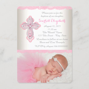 Ivory Pink Lace Diamond Cross Foto Taufe Einladung