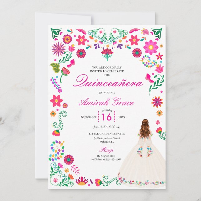 Ivory Pink Otomi Stickerei Quinceañera Einladung (Vorderseite)