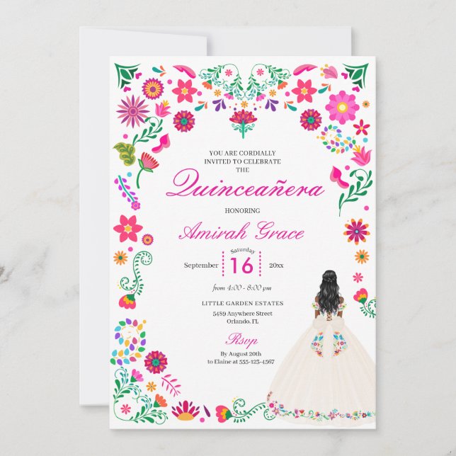 Ivory Pink Otomi Stickerei Quinceañera Einladung (Vorderseite)