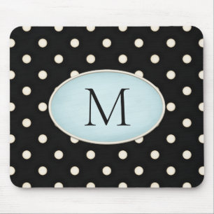 Ivory Polka Dots Black & Bale Blue Mit Monogramm Mousepad