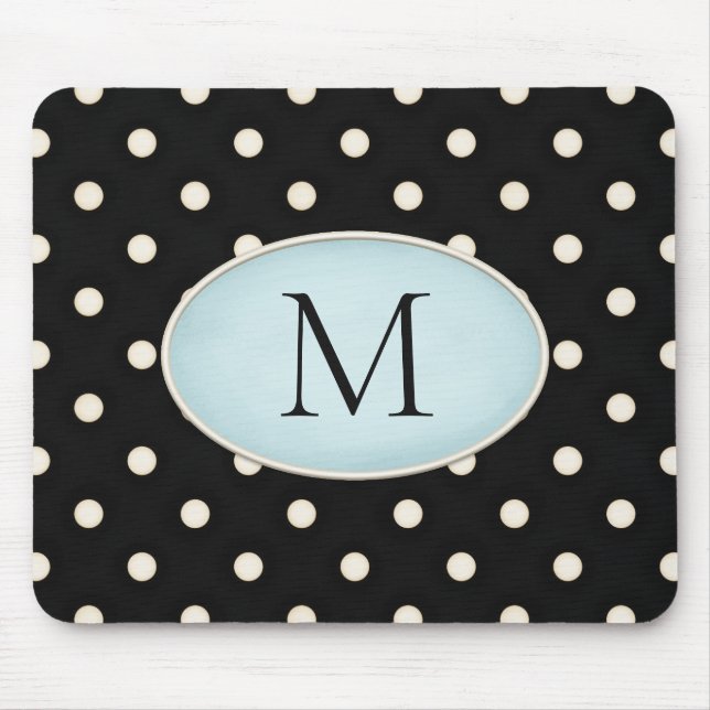 Ivory Polka Dots Black & Bale Blue Mit Monogramm Mousepad (Vorne)