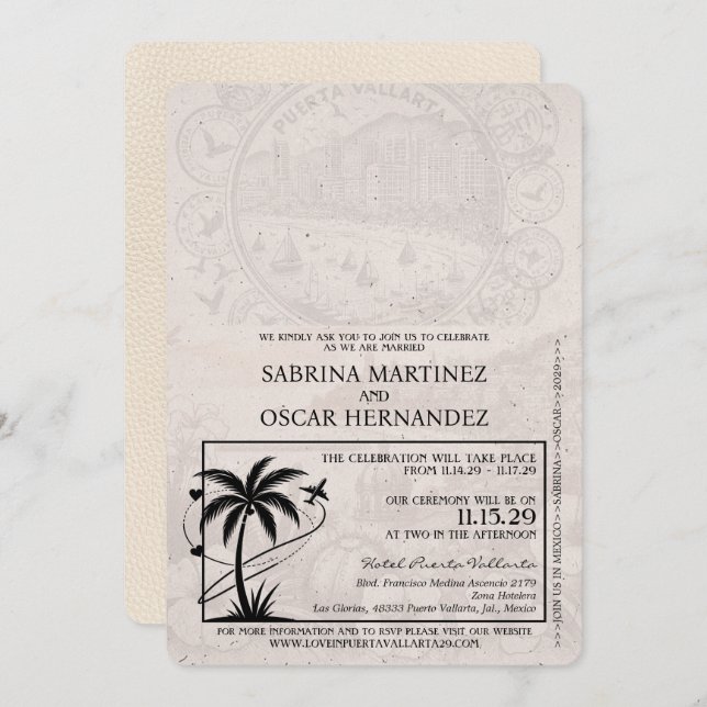Ivory Puerta Vallarta Passport Wedding Einladung (Vorne/Hinten)
