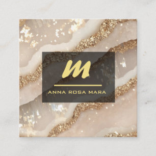 *~* Ivory QR Agate Black Gold Glitzer Initial AP66 Quadratische Visitenkarte