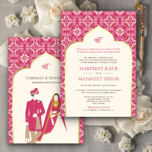 Ivory Rani Pink Pattern Anand Karaj Sikh Wedding Einladung