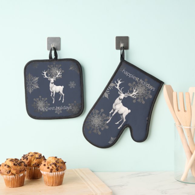 Ivory Reindeer Weihnachten | Blau Ofenhandschuh & Topflappen-Set (Insitu (Hängend))