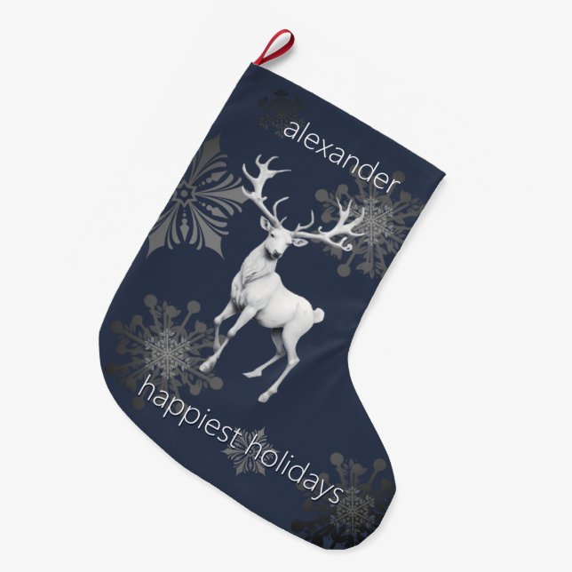 Ivory Reindeer Weihnachten | Personalisiert Großer Weihnachtsstrumpf (Vorderansicht (hängend))